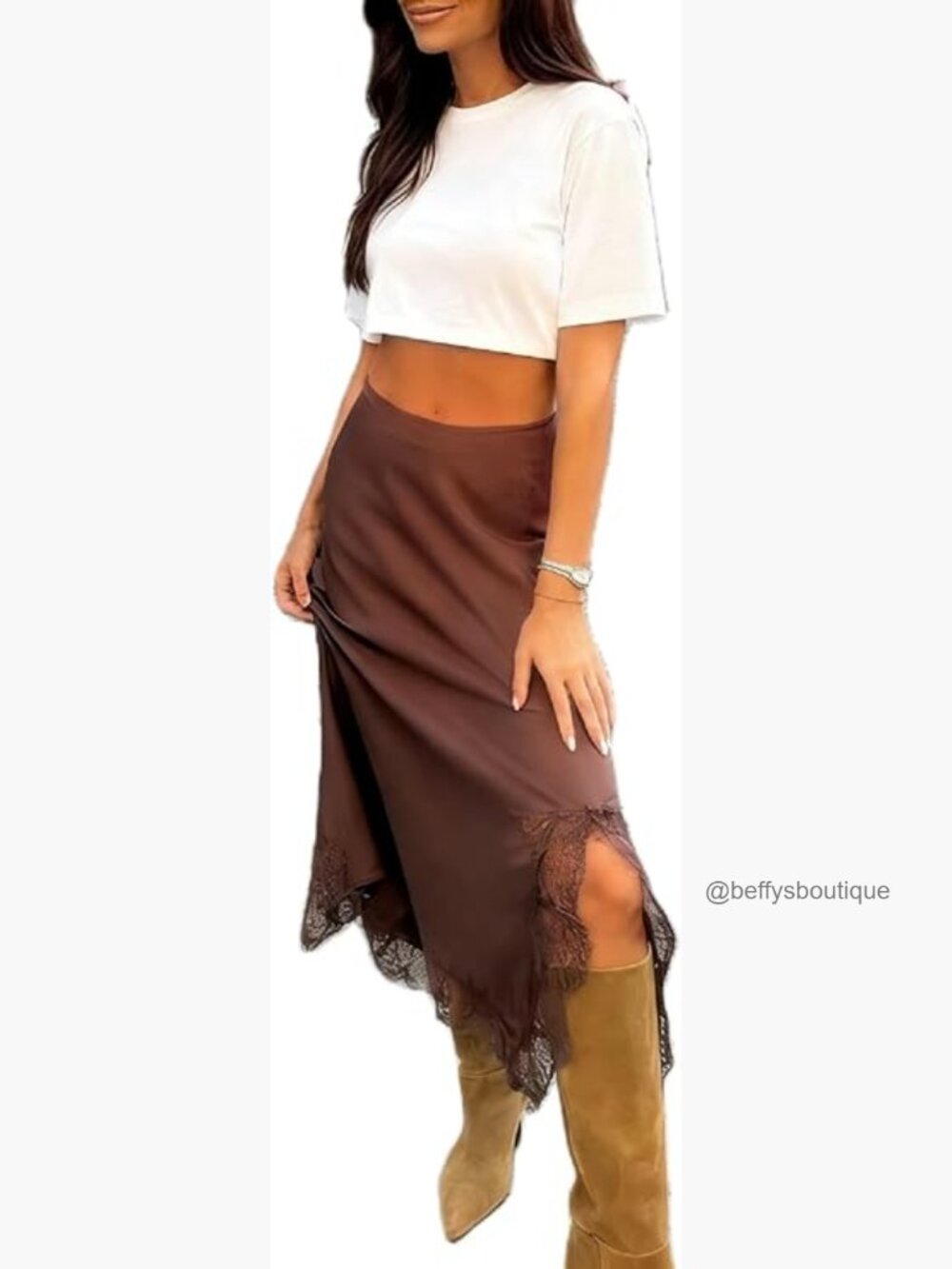 Lace Trim Satin Maxi Skirt with Side Slit Flowy Asymmetric Y2k Streetwear - Picture 1 of 6